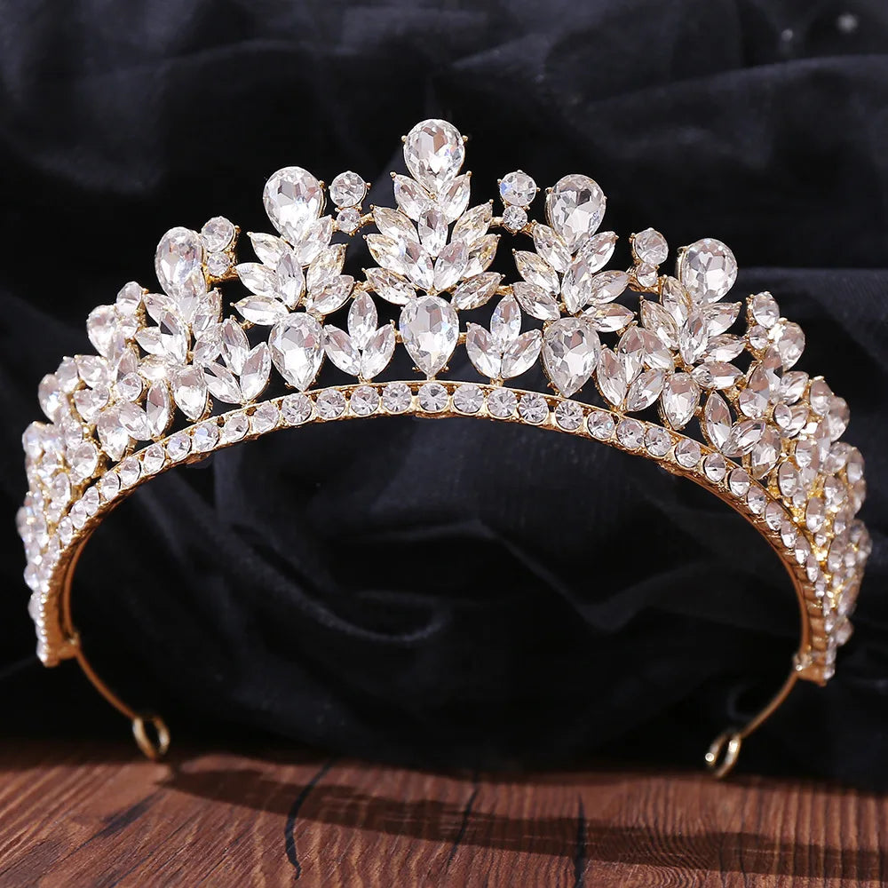 Baroque Korean Gold Color Crystal Crown Hair Accessories Luxury Rhinestone Tiara For Women Wedding Headdress Bridal Hair Jewelry