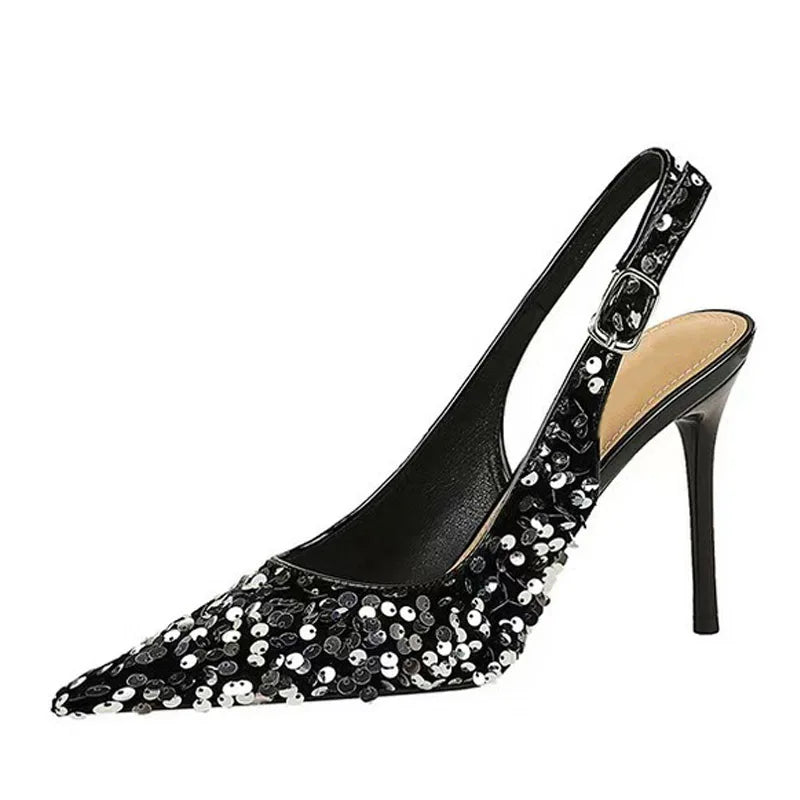 Fashion Gold Sequined Ankle Strap Women Pumps Pointed Toe Slingbacks Stiletto High Heels Wedding Prom Shoe Size 43