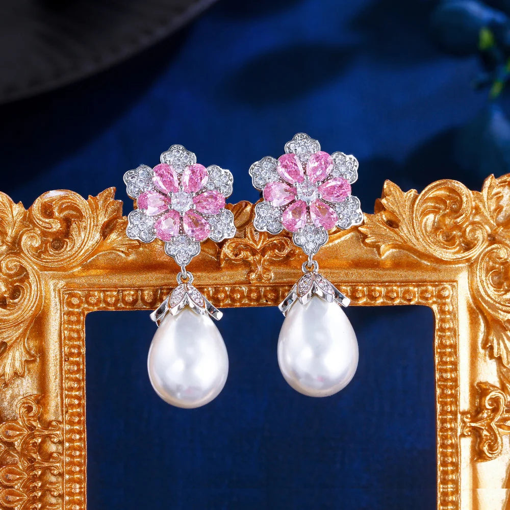 Pink Cubic Zirconia Snow Flower Dangle Drop Long Pearl Earrings for Women Luxury Wedding Party Jewelry - EUFASHIONBAGS