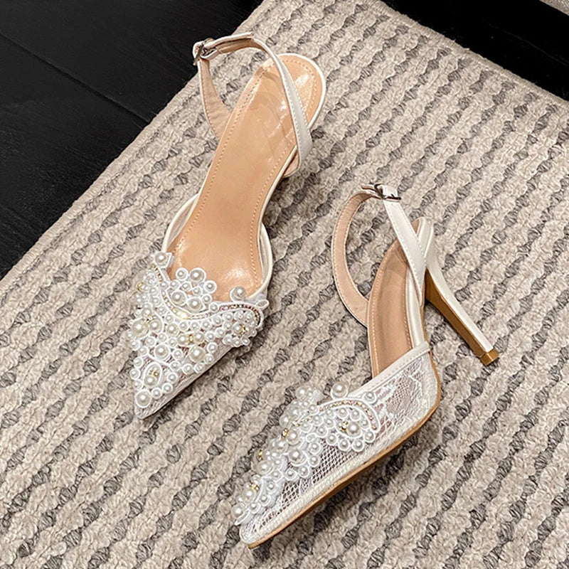 Summer Fashion White Pearl Designer Sandals Women Pumps Hollow Out Mesh Pointed Toe Mules High Heels Wedding Prom Shoes - EUFASHIONBAGS