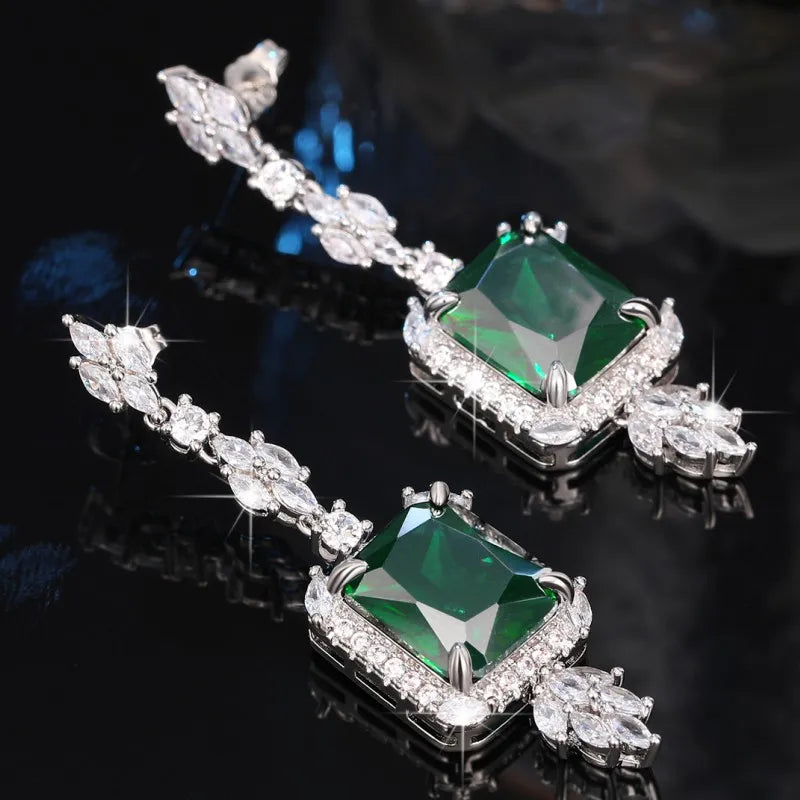 Geometric Square Green Cubic Zircon Dangle Earrings Sparkling Crystal CZ Luxury Ear Accessories for Women Wedding Jewelry - EUFASHIONBAGS