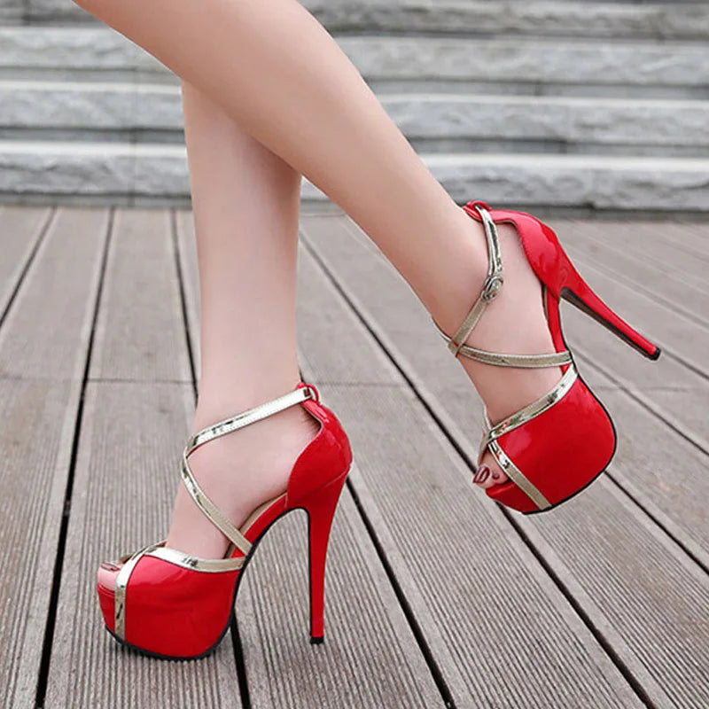 Fashion 14CM Super High Heels Sandals Sexy Hollow Out Peep Toe Buckle Strap Women Platform Pumps Big Size 46 Female Shoes - EUFASHIONBAGS