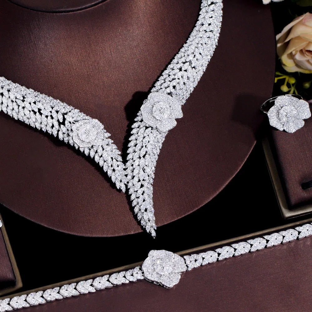 4 Pcs Full Dubai Cubic Zirconia Pave Flower Bridal Big Necklace Luxury Wedding Costume Jewelry Sets for Women - EUFASHIONBAGS