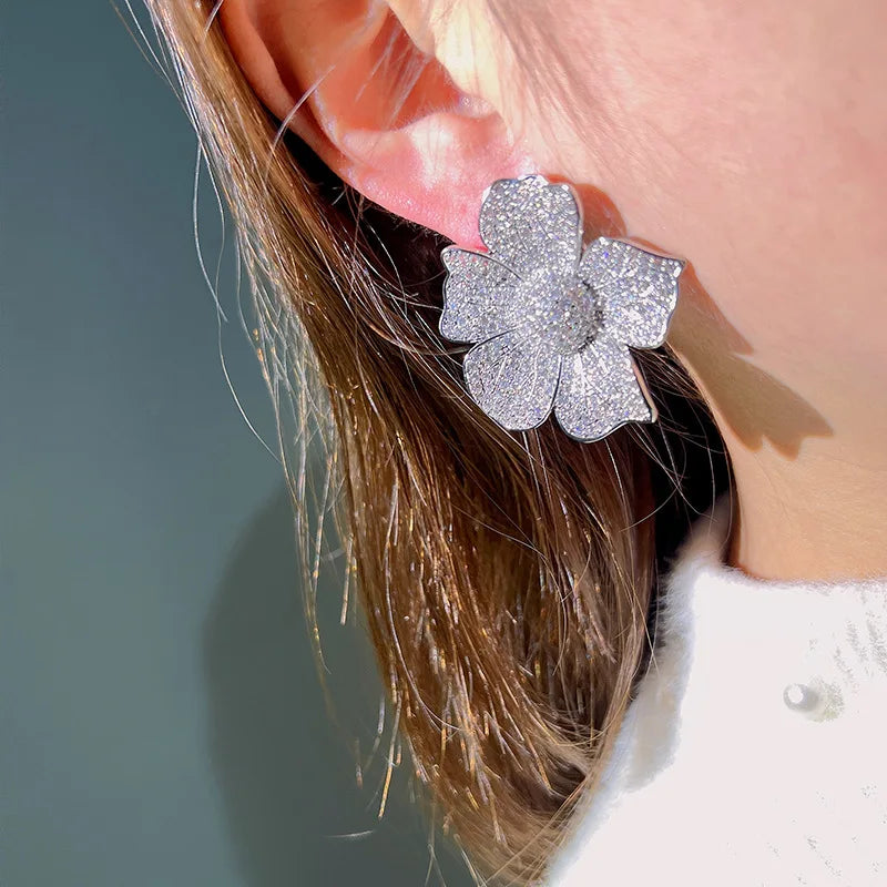 Hyperbole Big Flower Stud Earrings Aesthetic Accessories for Women Full Sparkling Cubic Zirconia Wedding Luxury Jewelry - EUFASHIONBAGS