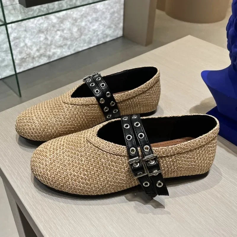 Woven Ballet Flat Shoes Women Brand Designer Shoes Female Belt Buckle Breathable Comfy Casual Twine Round Head Mary Jane Pumps