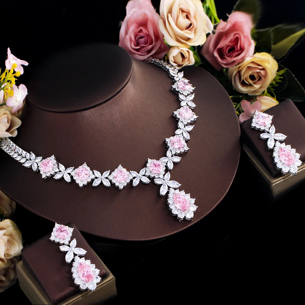 Luxury Super Gorgeous Leaf Drop Pink Cubic Zirconia Wedding Bridal Necklace Earrings Top Jewelry Sets for Brides - EUFASHIONBAGS