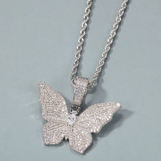 Bling Butterfly Pendant Necklace Full Paved CZ Sparkling Charm Hyperbole Party Y2K Girls Neck Accessories Fashion Jewelry - EUFASHIONBAGS