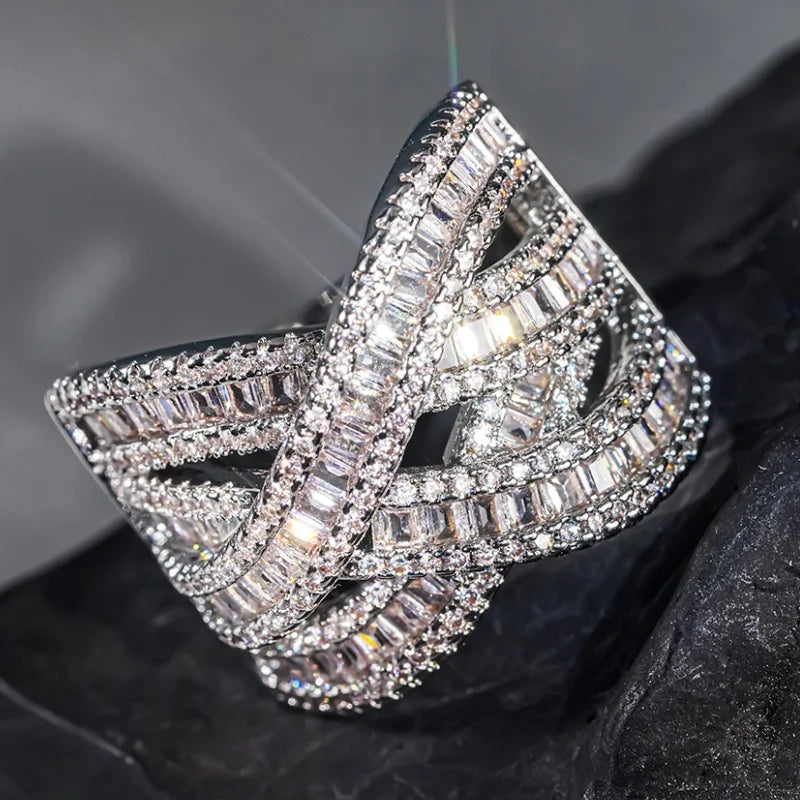 Multi-layer Cross Design Rings Brilliant Cubic Zirconia Hollow-out Women Accessories Aesthetic Wedding Jewelry