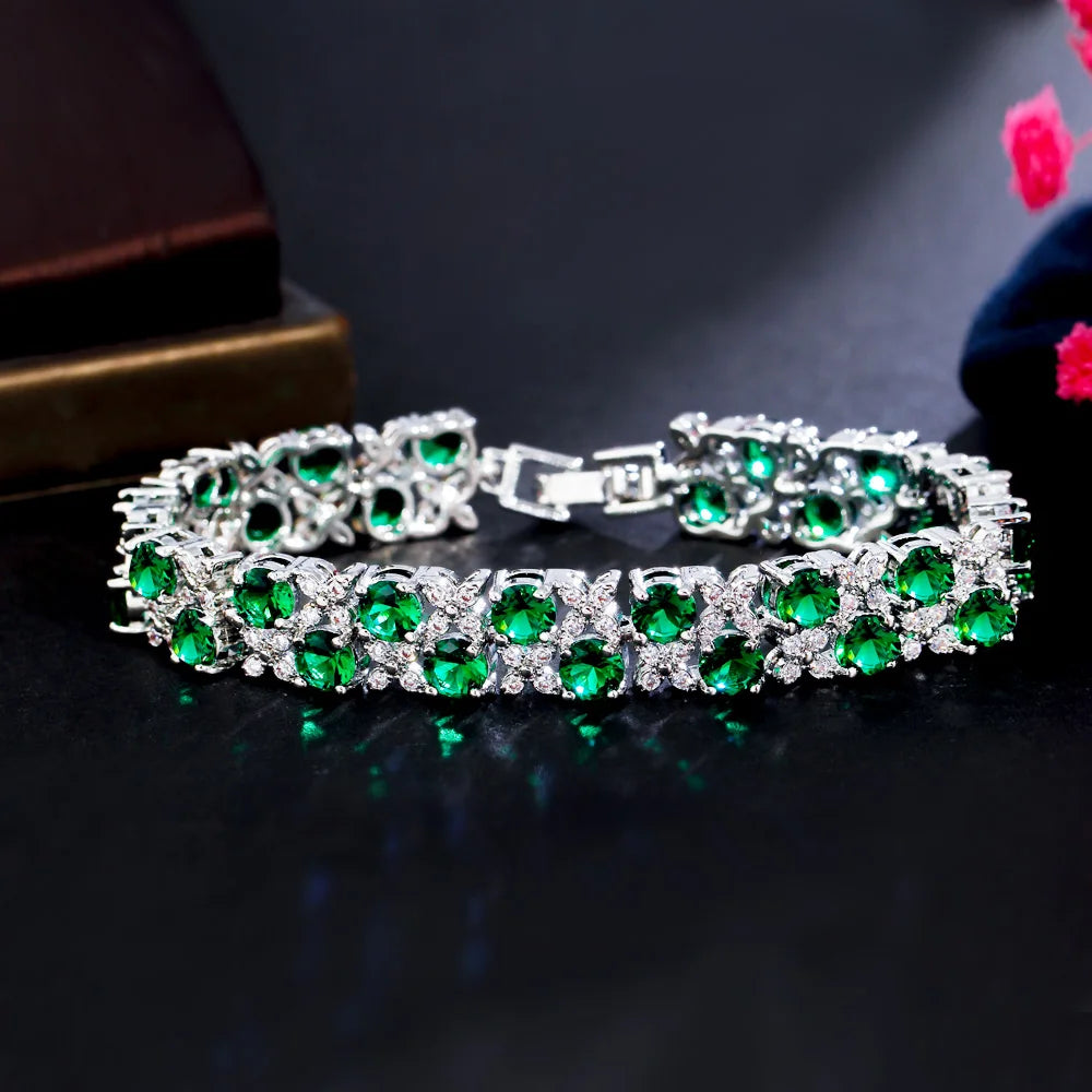 Two Layer Round Cubic Zirconia Elegant Leaf Flower Shape Women Party Evening Wedding CZ Bracelet for Brides - EUFASHIONBAGS