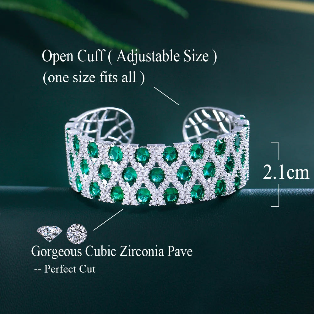 Glamorous Round Green Cubic Zirconia Pave Open Cuff Big Wide Luxury Wedding Bridal Pageant Bangle for Women - EUFASHIONBAGS