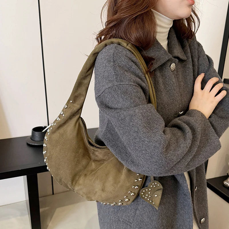 Women's Shoulder Bag European and American Style Rivet Handbag Suede Retro Half Moon Soft Armpit Bag - EUFASHIONBAGS