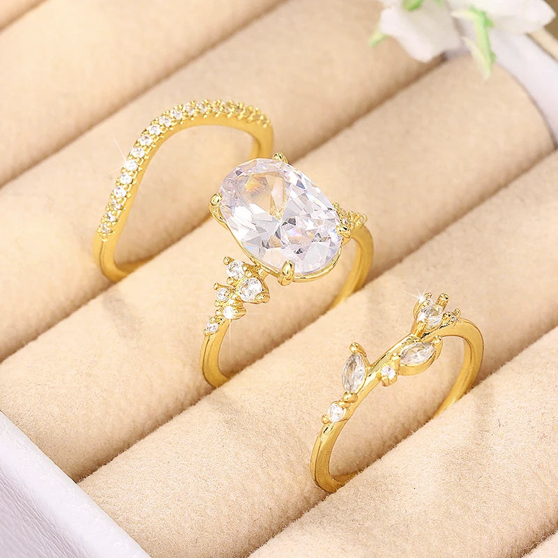 3Pcs Gold Color Set Rings for Women Aesthetic Accessories Wedding Engagement Party Temperament Rings Jewelry New