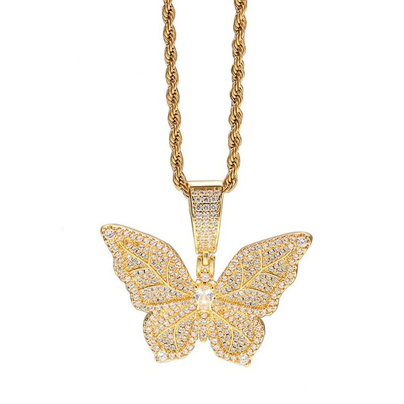 Bling Butterfly Pendant Necklace Full Paved CZ Sparkling Charm Hyperbole Party Y2K Girls Neck Accessories Fashion Jewelry - EUFASHIONBAGS