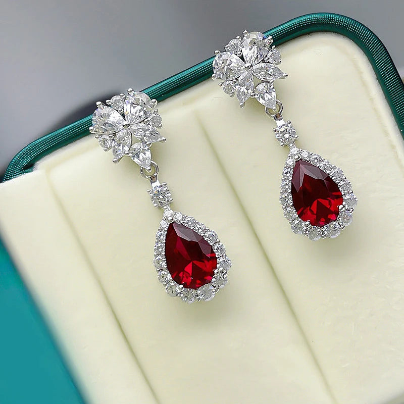 Bright Red CZ Dangle Earrings for Women Aesthetic Flower Design Bridal Wedding Earrings Anniversary Gift Trendy Jewelry - EUFASHIONBAGS