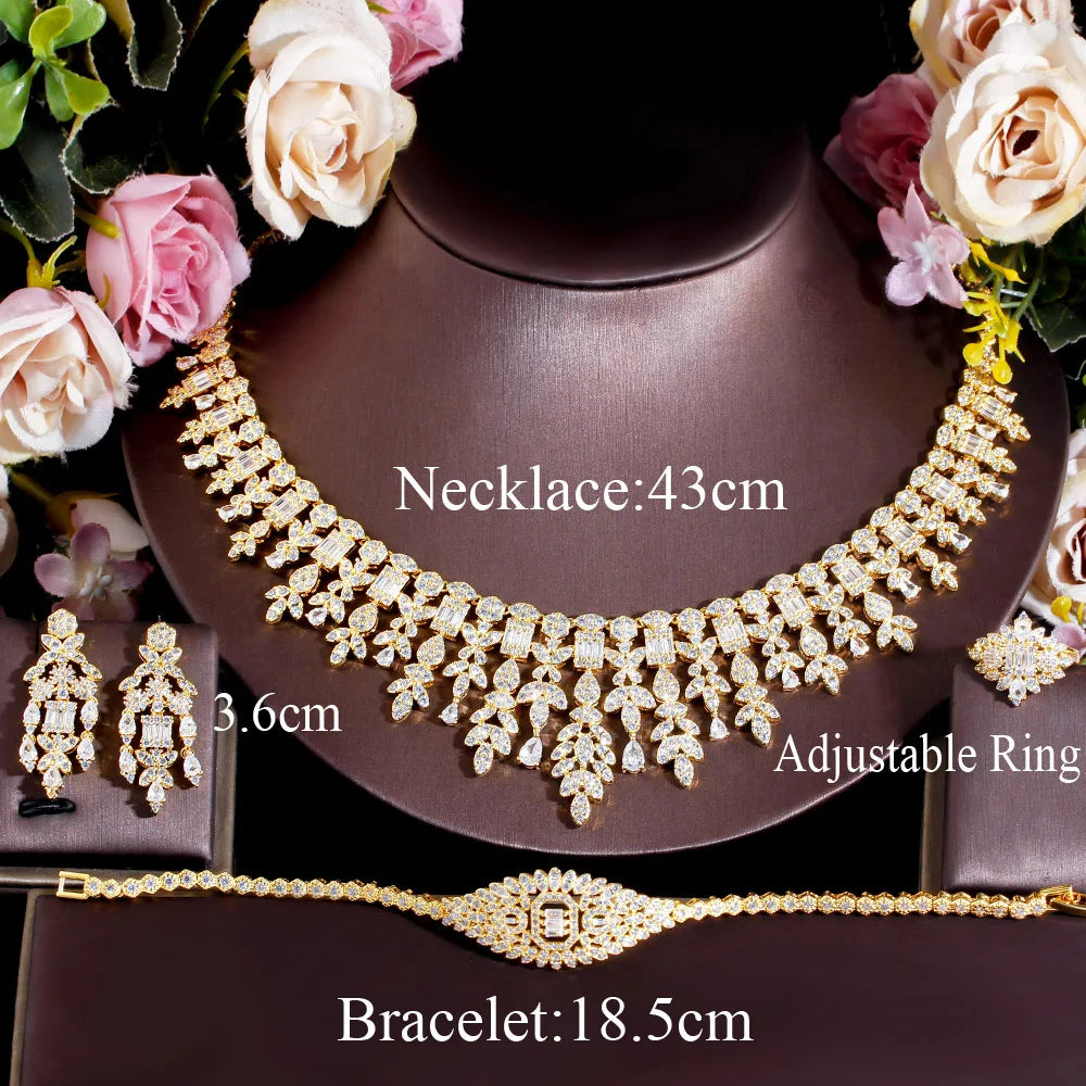 4pcs Full Micro African CZ Luxury Indian Gold Plated Fringed Chandelier Necklace Big Wedding Bridal Jewelry Sets