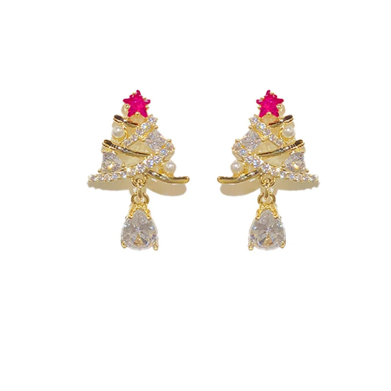 Bright Zirconia Christmas Tree Drop Earrings Female Party Jewelry with Simulated Pearl Fashion Gold Color Accessories