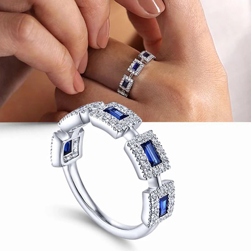 Sparkling White/Blue CZ Finger Ring for Women Geometric Shaped Fashion Luxury Female Rings Exquisite Wedding Band Jewelry