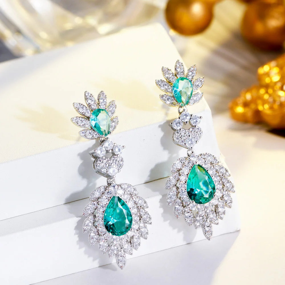 Green Cubic Zirconia Pave Long Dangling Feather Drop Earring for Women Wedding Dinner Party Accessories