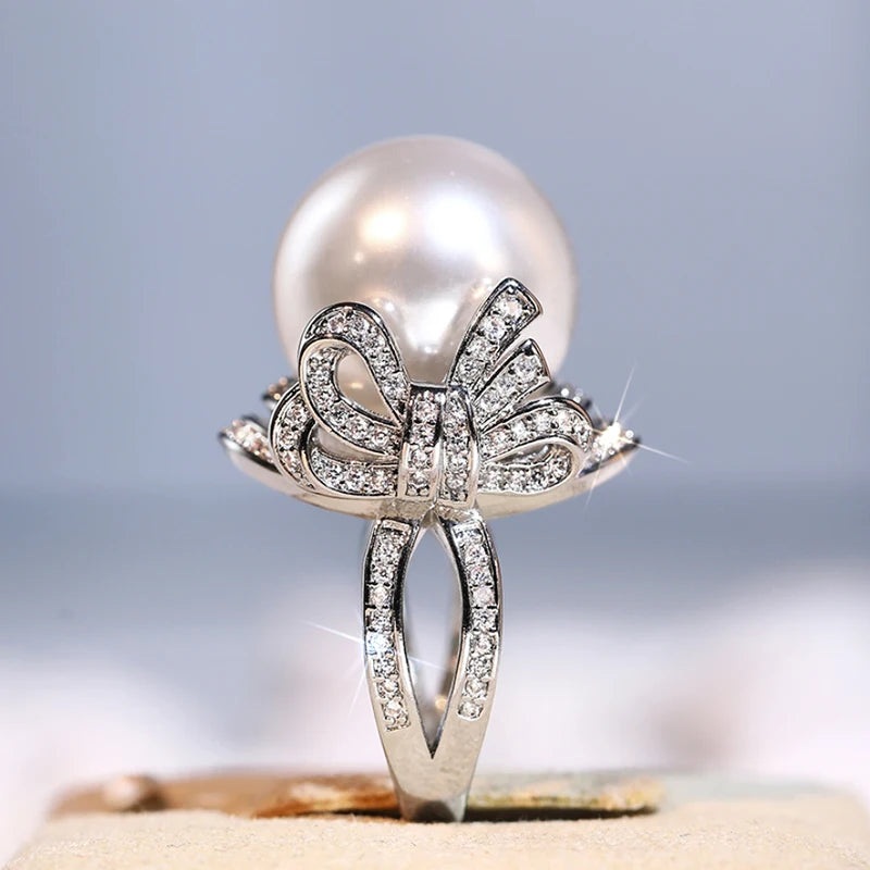 Bowknot Finger Ring Lady Graceful Simulated Pearl Accessories for Wedding Party Bright CZ Jewelry for Engagement