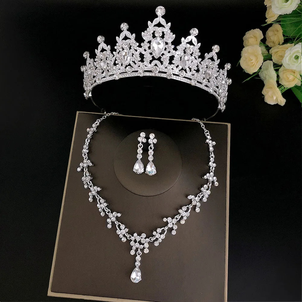 Fashion Crystal Tiaras Crowns Bride Wedding Jewelry Set Rhinestone Crown Necklace Earring For Women Accessories Diadem Headdress - EUFASHIONBAGS