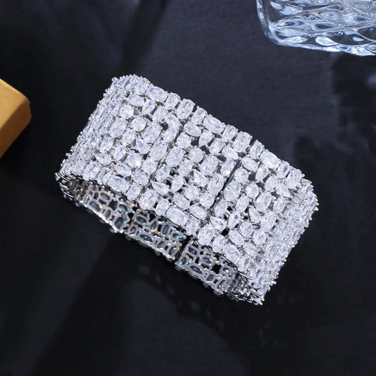 Top Grade Glamorous Cubic Zirconia Pave Statement Chunky Luxury Big Wide Women Wedding Bridal Party Bracelets - EUFASHIONBAGS