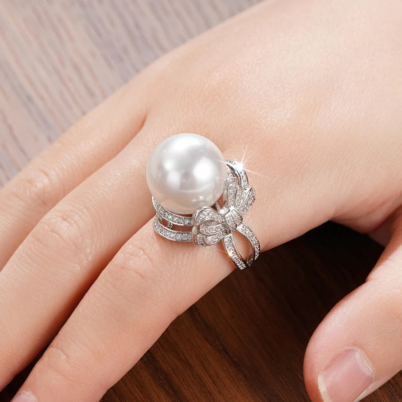 Bowknot Finger Ring Lady Graceful Simulated Pearl Accessories for Wedding Party Bright CZ Jewelry for Engagement