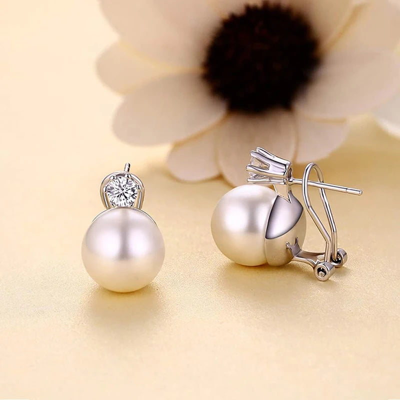 Trendy Korean Style Piercing Stud Earrings Women Graceful Simulated Pearl Jewelry for Engagement Shiny CZ Accessories