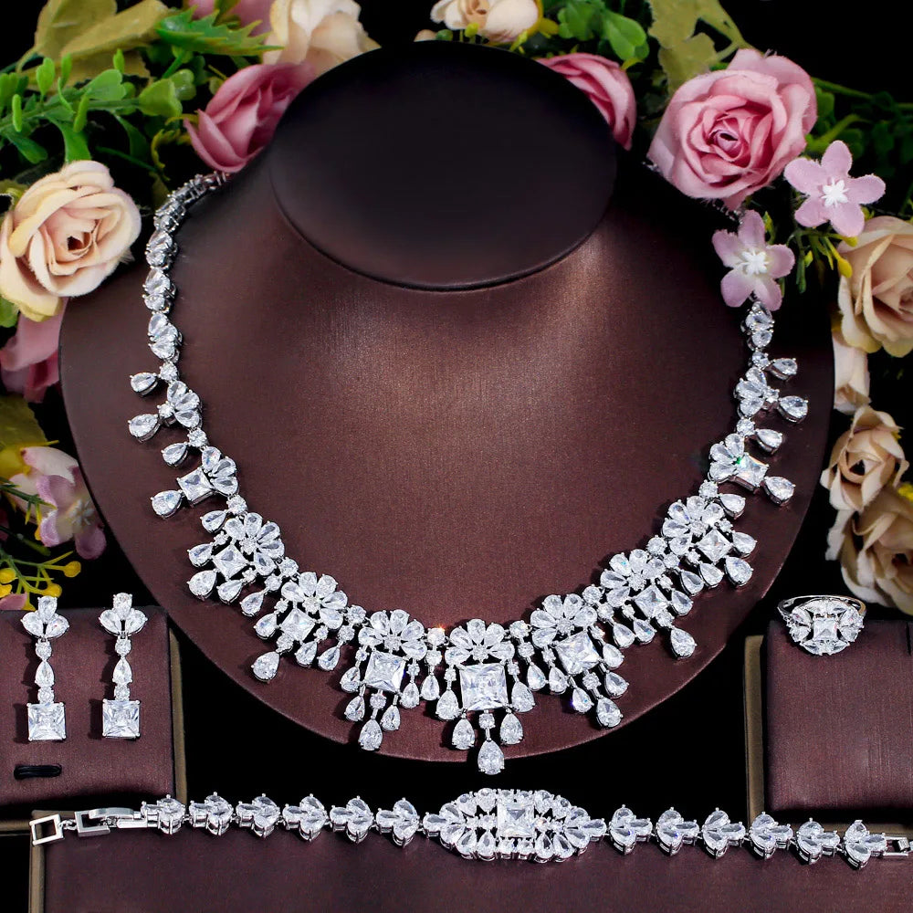 4pcs Dubai Cubic Zirconia Paved Flower Fringed Expensive Luxury Chunky Wedding Bridal Jewelry Sets for Women - EUFASHIONBAGS