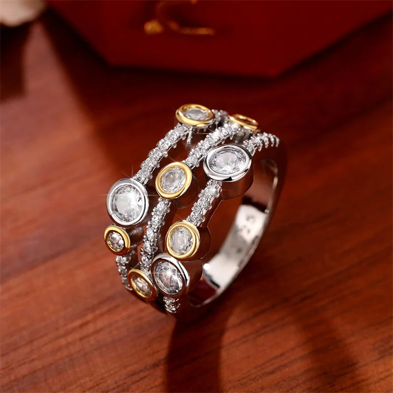 Personality Two Tone Three Line Rings Women Full Paved CZ Sparkling Female Wedding Bands Rings Modern Fashion New Jewelry