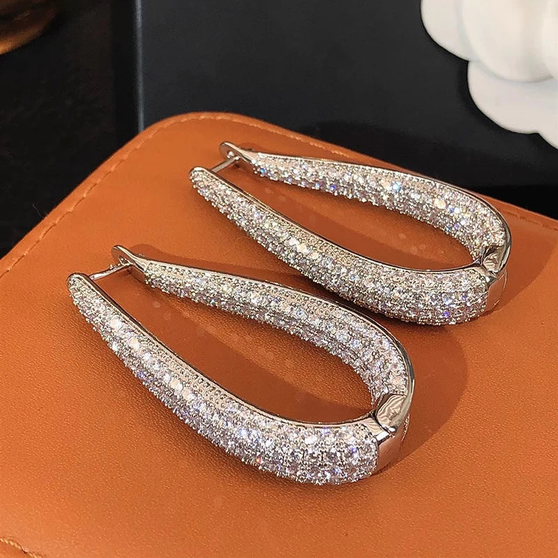 Silver Color Hoop Earrings Female Fashion Party Jewelry with Bright Zirconia Luxury Engagement Accessories Gift