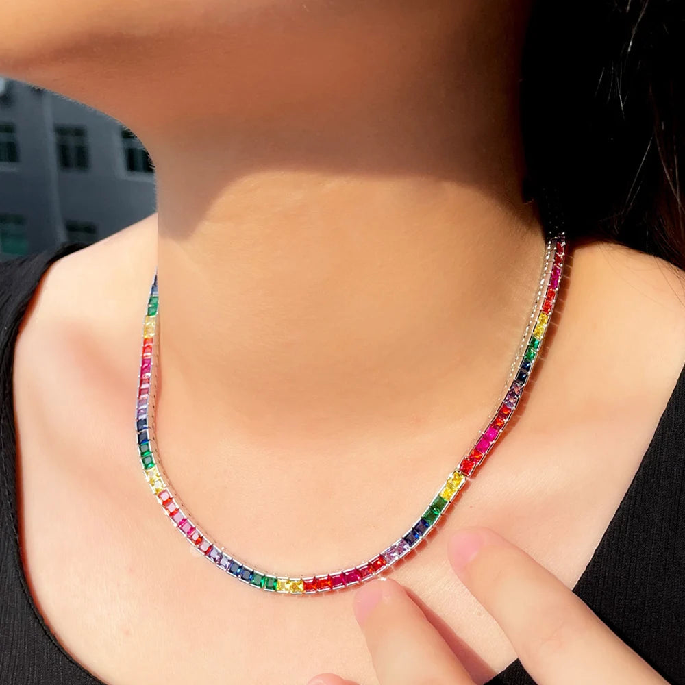 Square Multicolor Rainbow Cubic Zirconia Boho Jewelry Women Tennis Choker Necklace with Safety Clasp - EUFASHIONBAGS