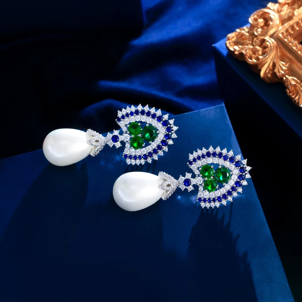 Blue and Green Cubic Zirconia Long Dangling Water Drop Pearl Earrings for Women Party Wedding Jewelry - EUFASHIONBAGS