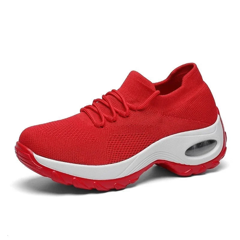 Women Tennis Shoes Air Cushion Red Sports Shoes High Heels Mesh Lace-up Female Sock Footwear Outdoor Thick Bottom Women Sneakers - EUFASHIONBAGS