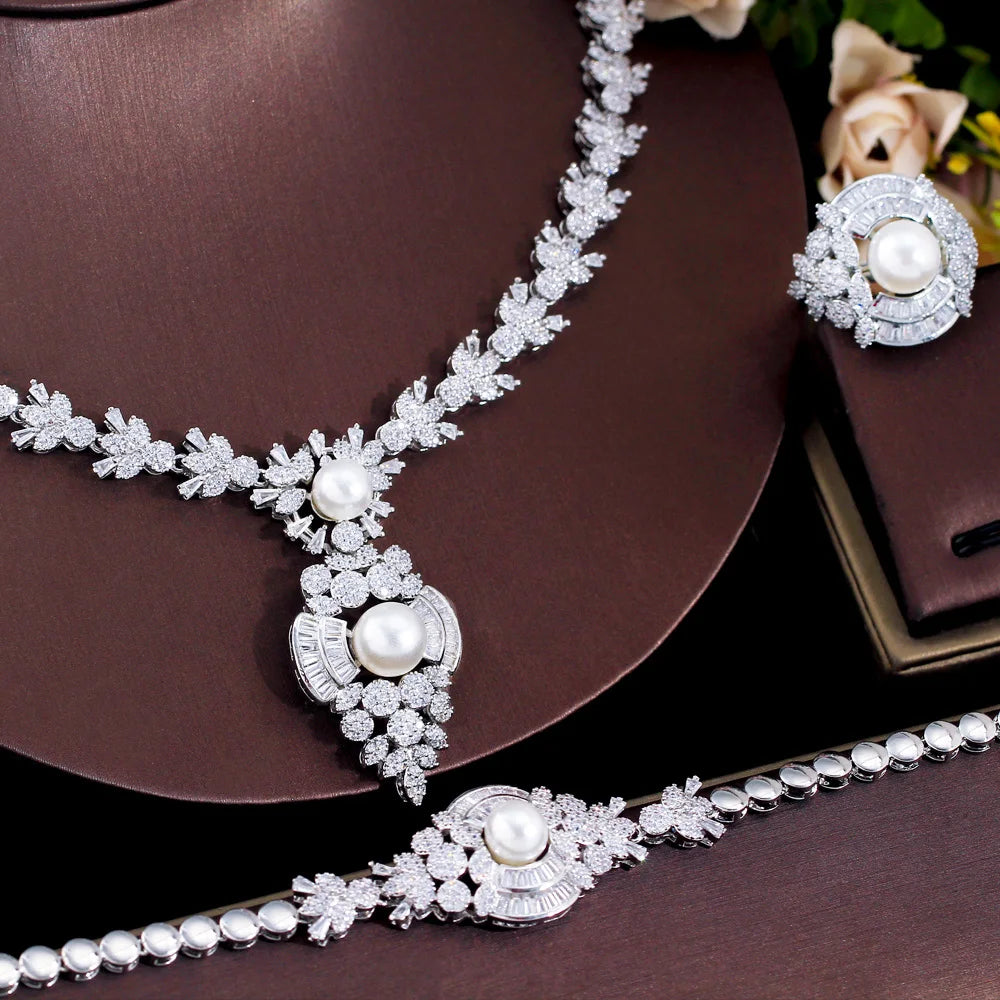 4pcs Cubic Zirconia Luxury White Pearl Necklace Earrings Jewelry Sets for Women Wedding Bridal Party Accessories - EUFASHIONBAGS