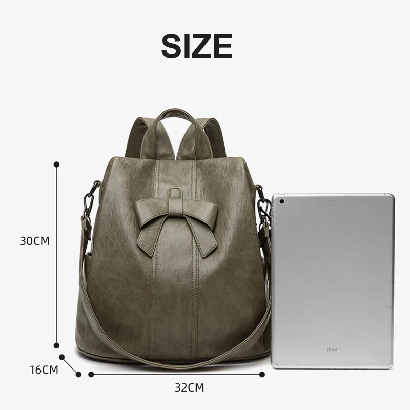 Fashion Women Backpack New Bow Decoration Girls Anti Theft Shoulder Bag PU Leather Waterproof Large Handbag