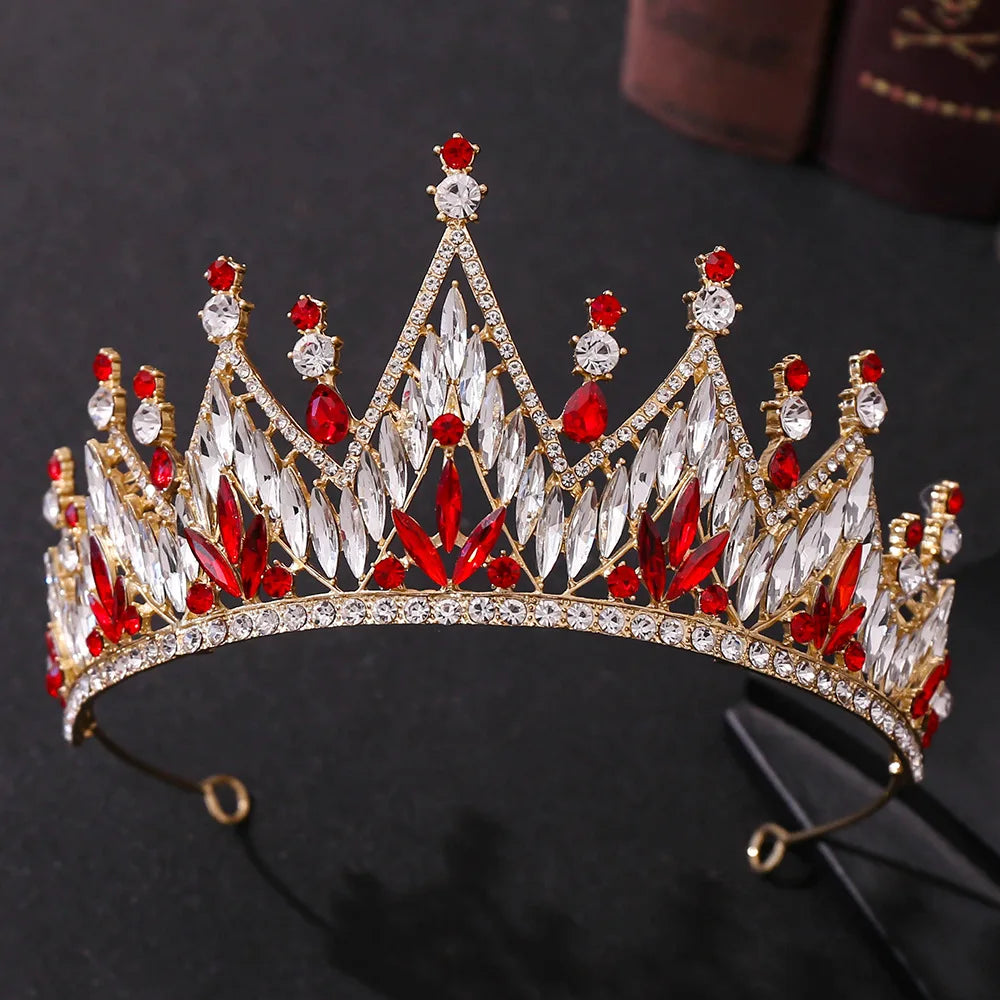 Baroque Gold Color Red Crystal Bridal Tiaras Crowns Rhinestone Pageant Diadem Women Headpieces Wedding Hair Accessories Jewelry