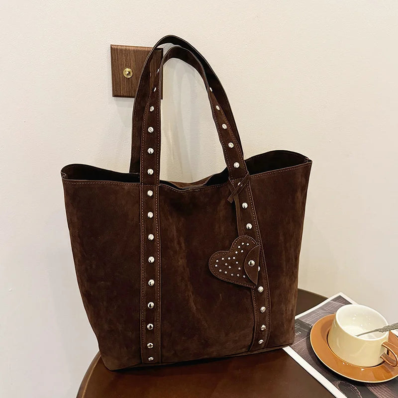 Nubuck Leather Tote Bags Lady Shoulder Bag for Women Winter New Fashion Retro Rivent Handbags and Purses - EUFASHIONBAGS