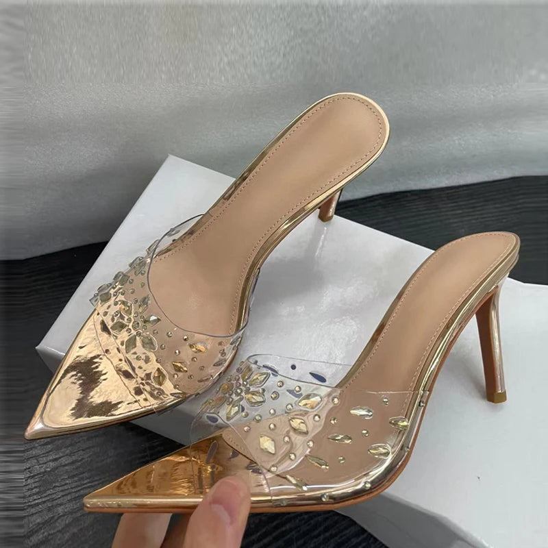 Sexy Gold Silver High Heels Transparent Slippers For Woman Crystal Rhinestone Summer Sandal Female Party Prom Shoe Size 42