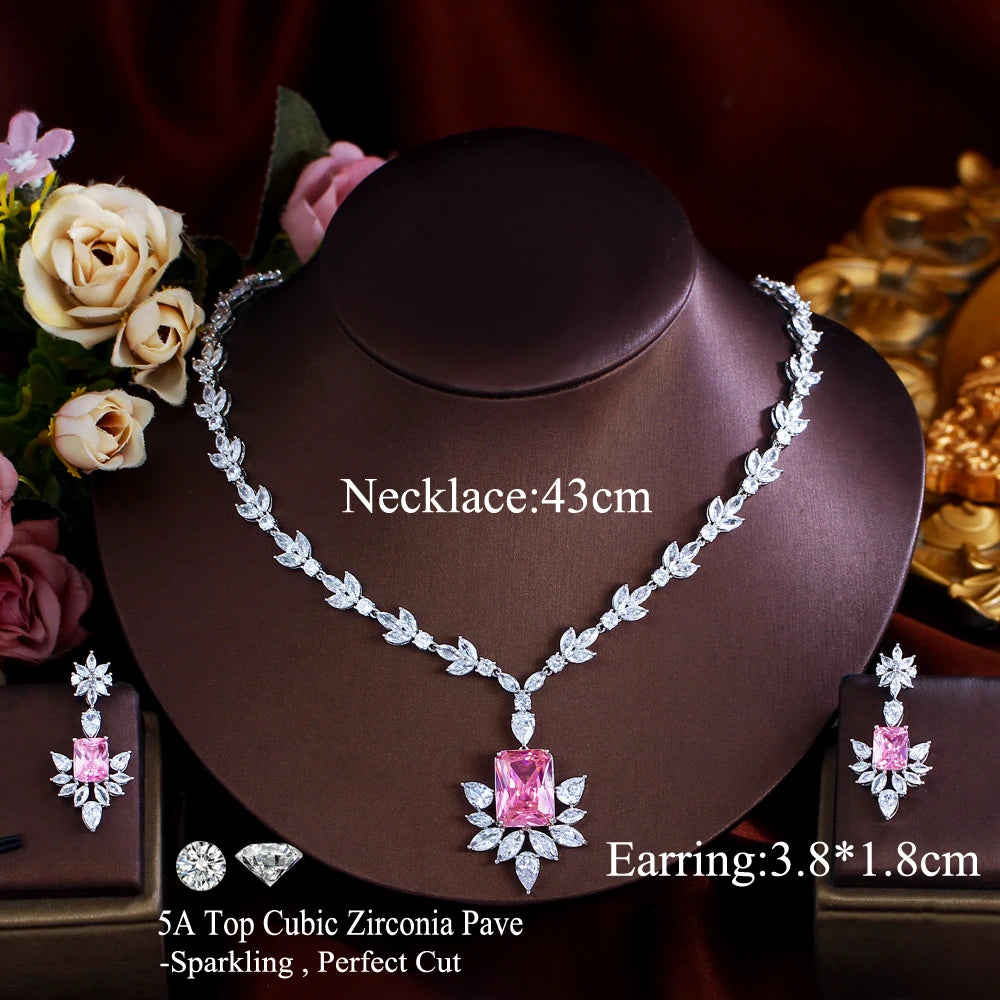 Glittering Pink Cubic Zirconia Leaf Flower Wedding Banquet Necklace Bridal Party Festival Jewelry Set for Brides - EUFASHIONBAGS