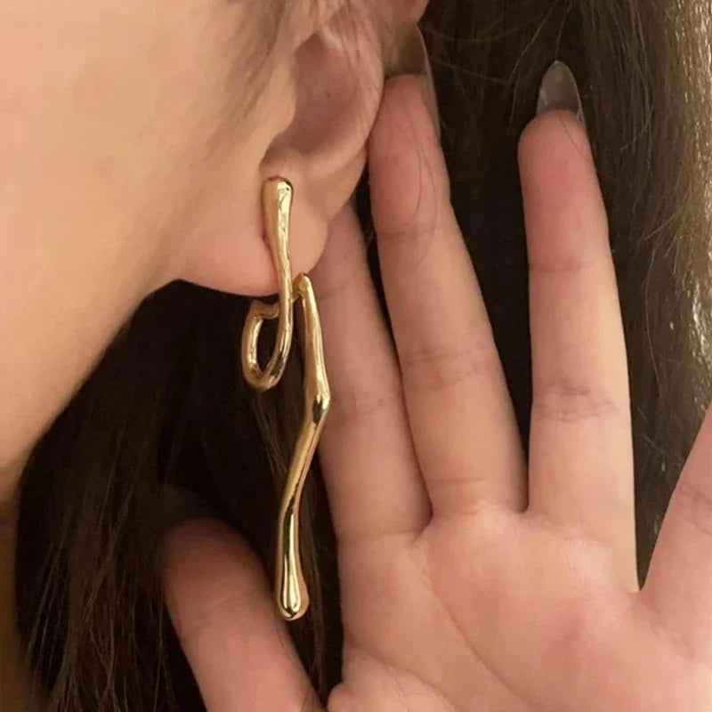 Modern Fashion Girls Metal Drop Earrings Long Irregular Shaped Gold Color Earrings Daily Wear Statement Jewelry for Women - EUFASHIONBAGS