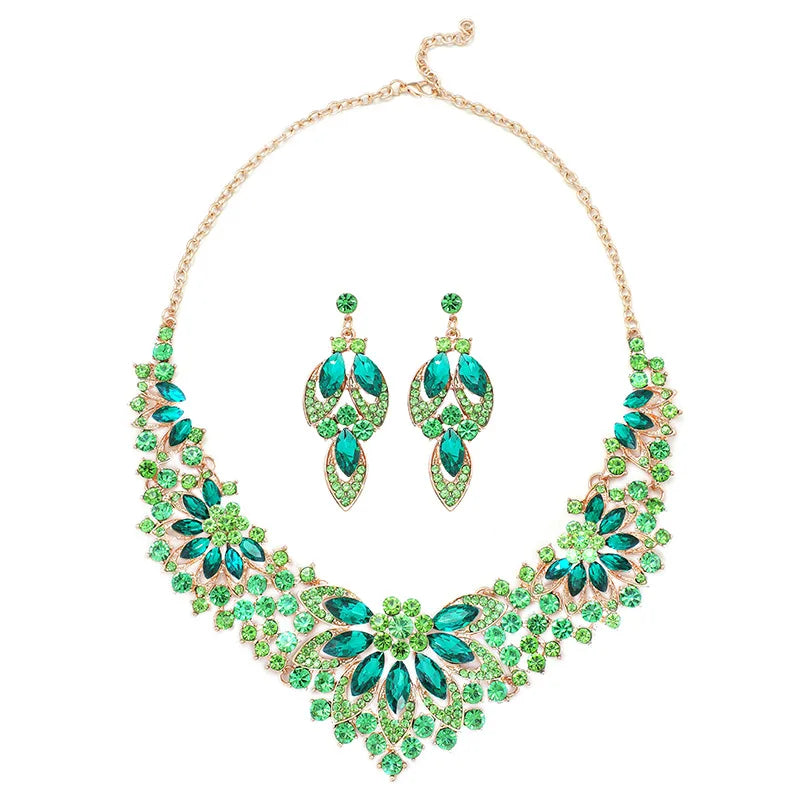 Luxury Green Crystal Leaf Dubai Jewelry Sets For Women Wedding Party Jewelry Accessories Stud Earrings & Necklace Gift - EUFASHIONBAGS