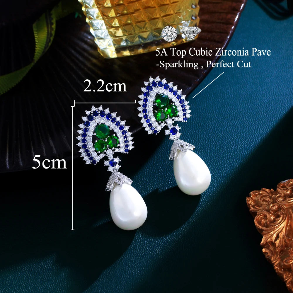 Blue and Green Cubic Zirconia Long Dangling Water Drop Pearl Earrings for Women Party Wedding Jewelry - EUFASHIONBAGS