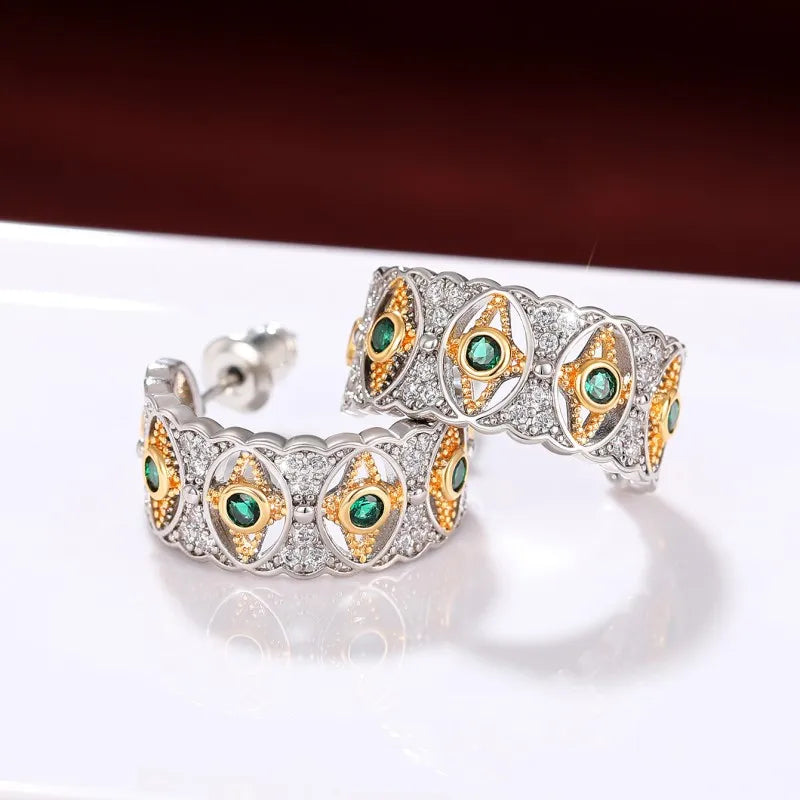 Two Tone Hoop Earrings with Green/White CZ Luxury Trendy Women Ear Accessories Wedding Party Unique Design Jewelry New