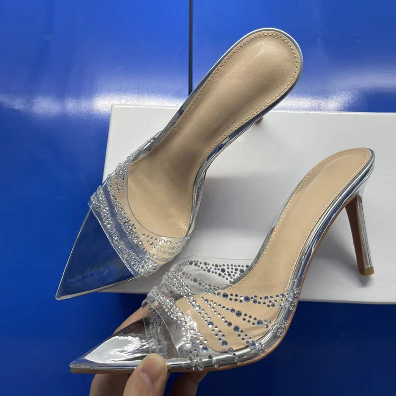 7CM/8.5CM Women Fashion Catwalk Transparent Slipper Crystal Rhinestone High Heels Mules Sexy Pointed Toe Party Dress Shoes