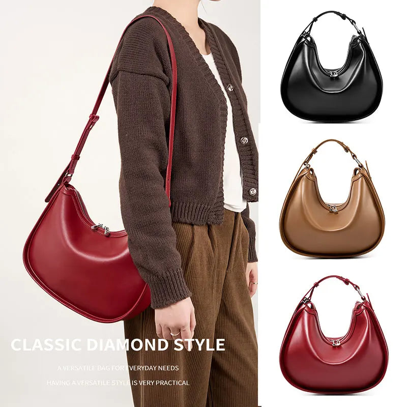 Luxury Designer Women's Bag 2025 New Genuine Leather Women Shoulder Bag High Quality Cowhide Half Moon Handbags Crossbody Bags