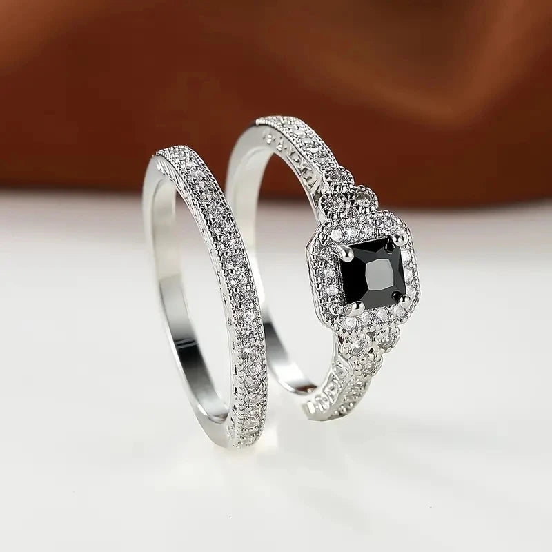 Princess White/Black Set Rings for Women 2Pcs Luxury Cubic Zircon Wedding Accessories Temperament Elegant Female Jewelry