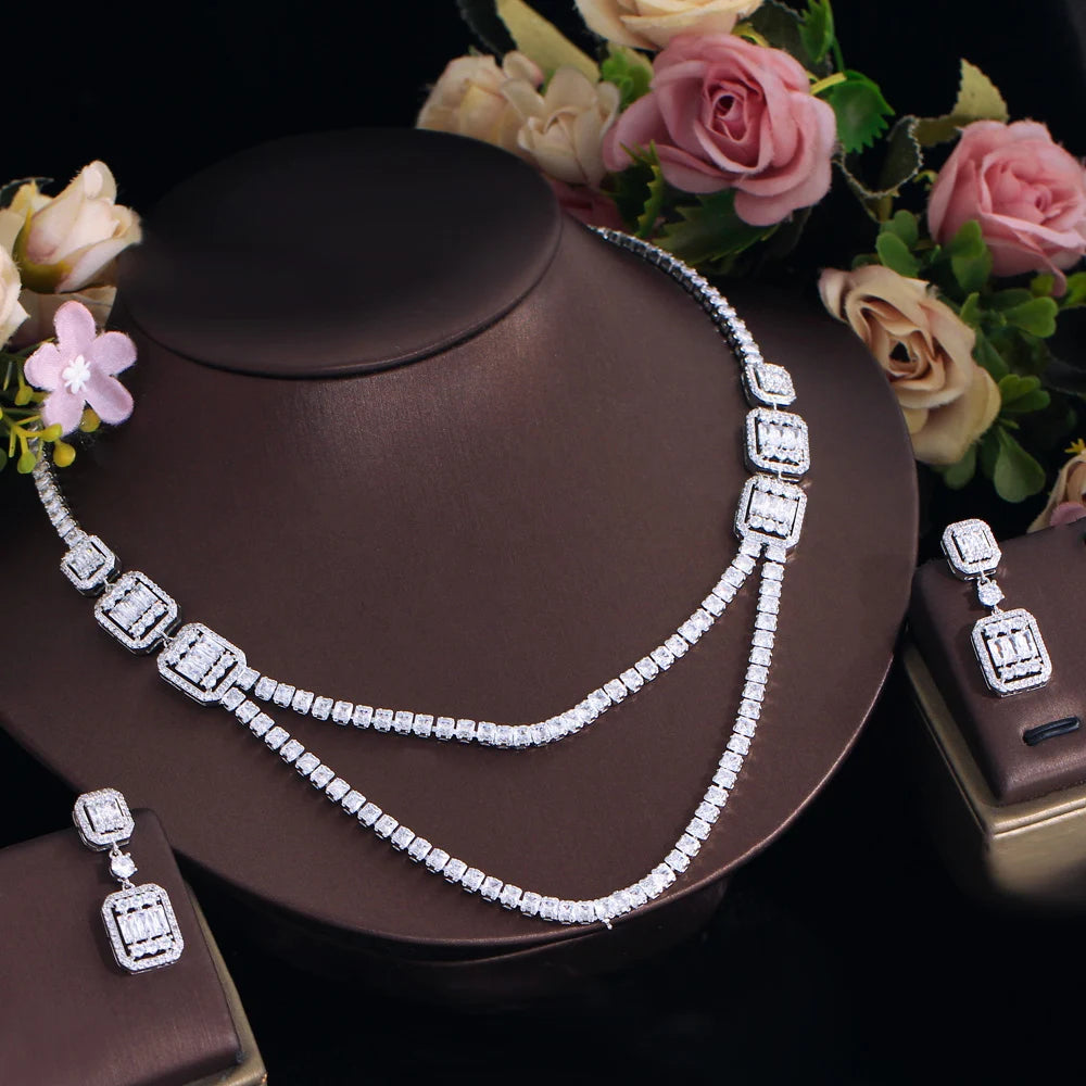 Shiny White Cubic Zirconia Double Layered Wedding Evening Necklace Bridal Party Wear Jewelry Sets for Women - EUFASHIONBAGS