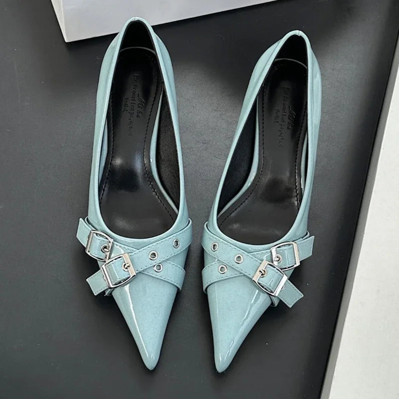 Belt Buckle Design High Heels Women Brand Women Shoes Shallow Classics Elegant Dress Shoes Fashion Pointed Toe Pumps Women