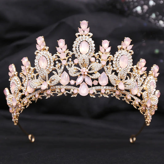 Luxury Pink Opal Royal Queen Wedding Crown Rhinestone Crystal Bridal Diadem Pageant Headdress Bride Tiara Hair Jewelry Accessory - EUFASHIONBAGS