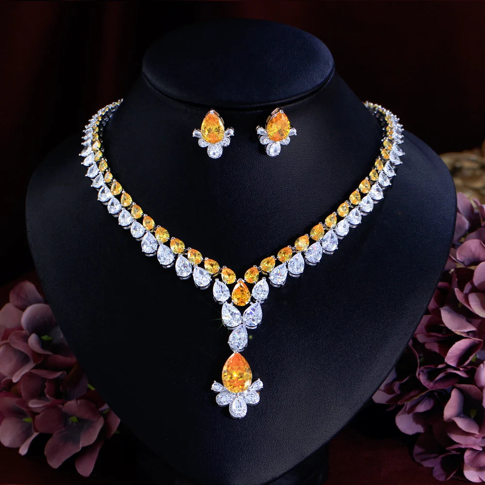 2 Layer Water Drop Cubic Zirconia Big Chunky Necklace Party Brides Jewelry Sets for Women Luxury Wedding Decor - EUFASHIONBAGS